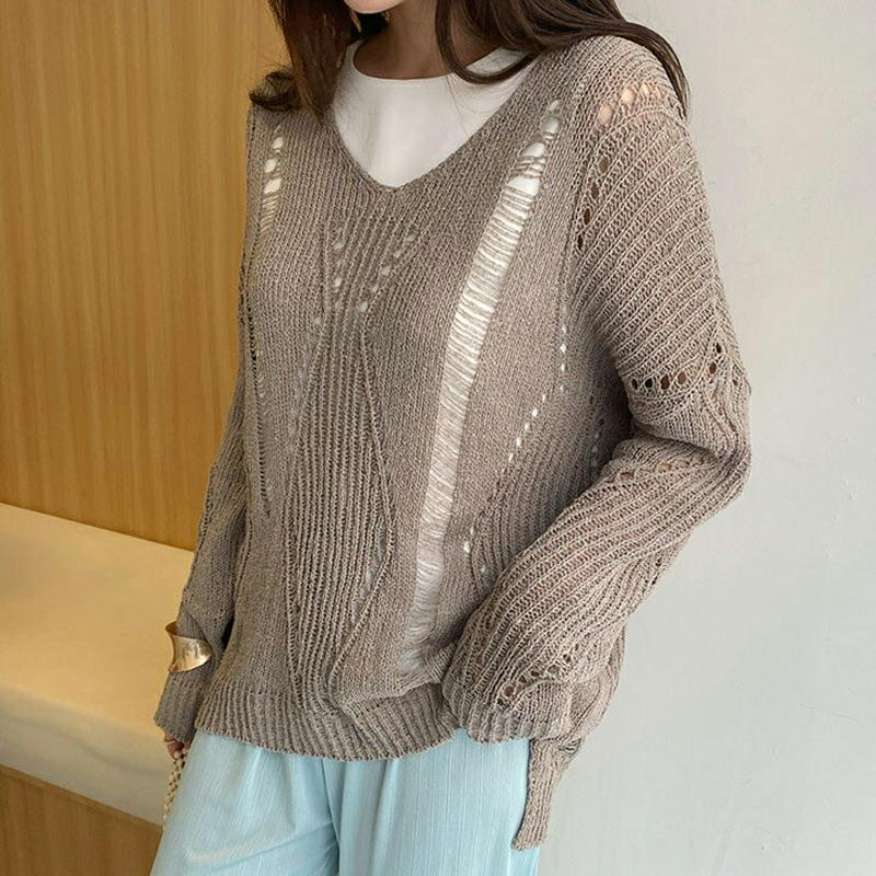 Vネックパンチングニット・全5色・t61806 レディース【tops】【トップス ニット ニットトップス 長袖 透け感 パンチン