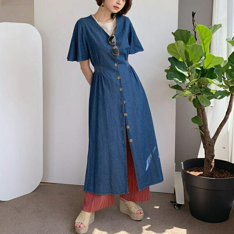 フレアスリーブデニムワンピース・全2色・b55948 レディース 【ops】【ワンピース ロング ロングワンピース 半袖 ハーフ