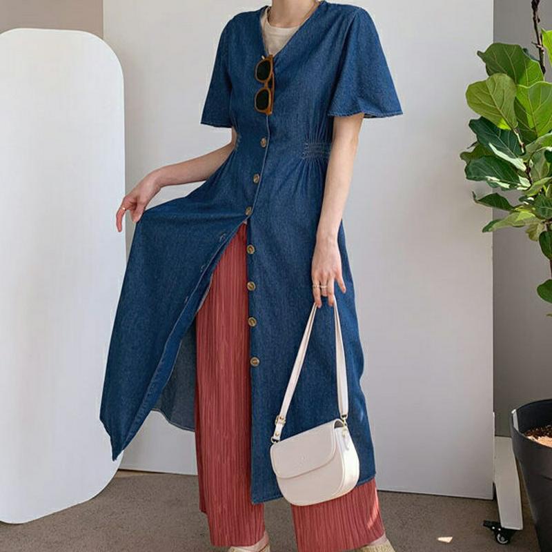 フレアスリーブデニムワンピース・全2色・b55948 レディース 【ops】【ワンピース ロング ロングワンピース 半袖 ハーフ