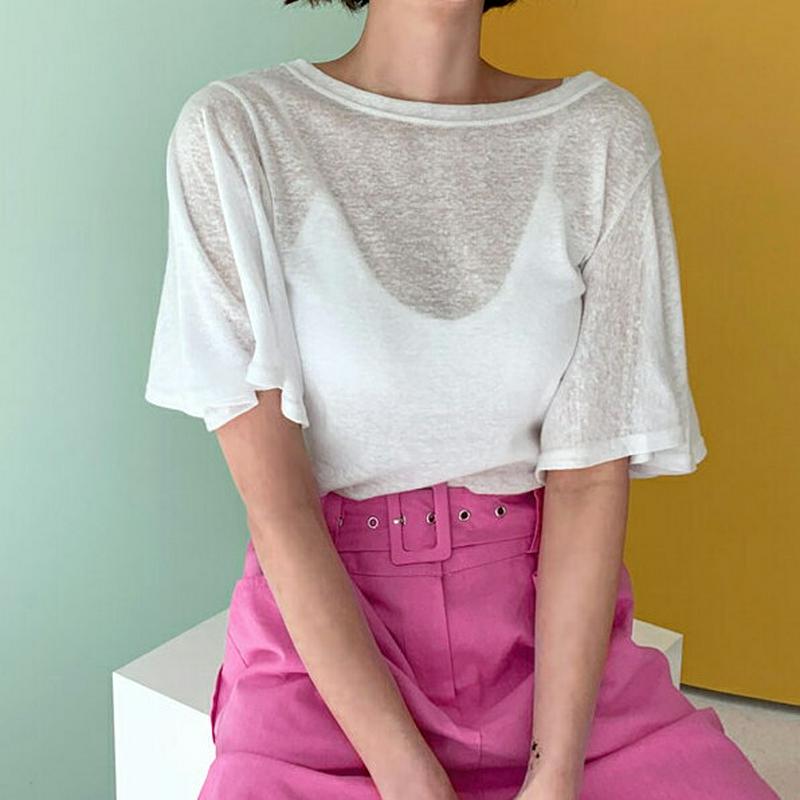 リネン混フレアスリーブTシャツ・全4色・t55931 レディース 【tops】【トップス　Tシャツ 半袖 ハーフスリーブ リネン