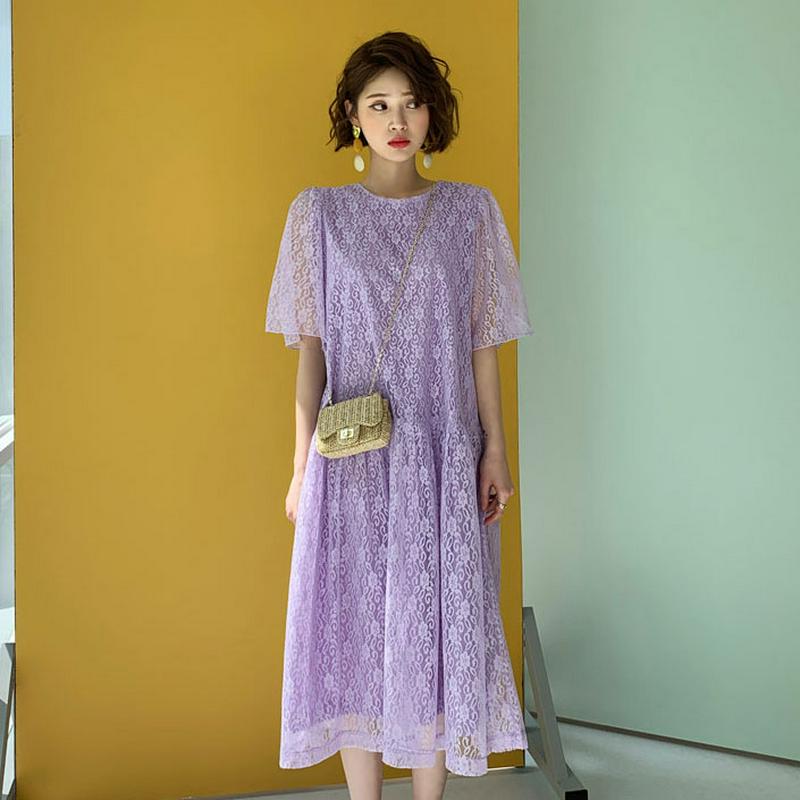 レースフレアワンピース・全4色・b55950 レディース 【ops】【ワンピース ロング ロングワンピース 半袖 ハーフスリーブ