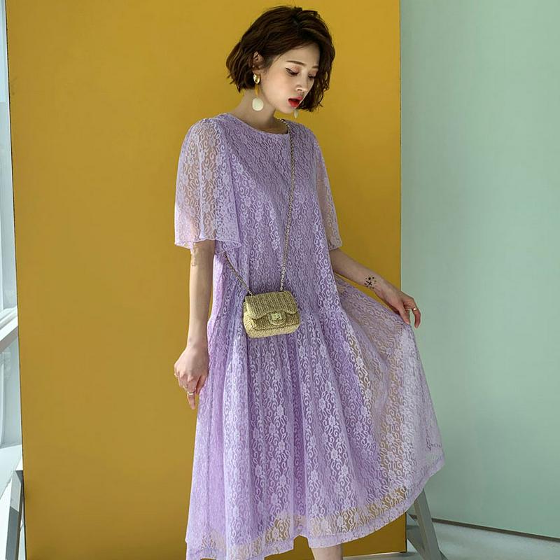 レースフレアワンピース・全4色・b55950 レディース 【ops】【ワンピース ロング ロングワンピース 半袖 ハーフスリーブ