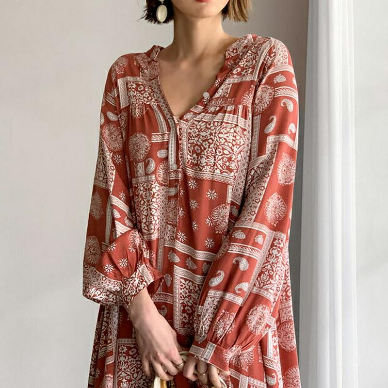 Vネックペイズリーワンピース・全2色・b59089 レディース【ops】【ワンピース ロングワンピース ロング ペイズリー　バン