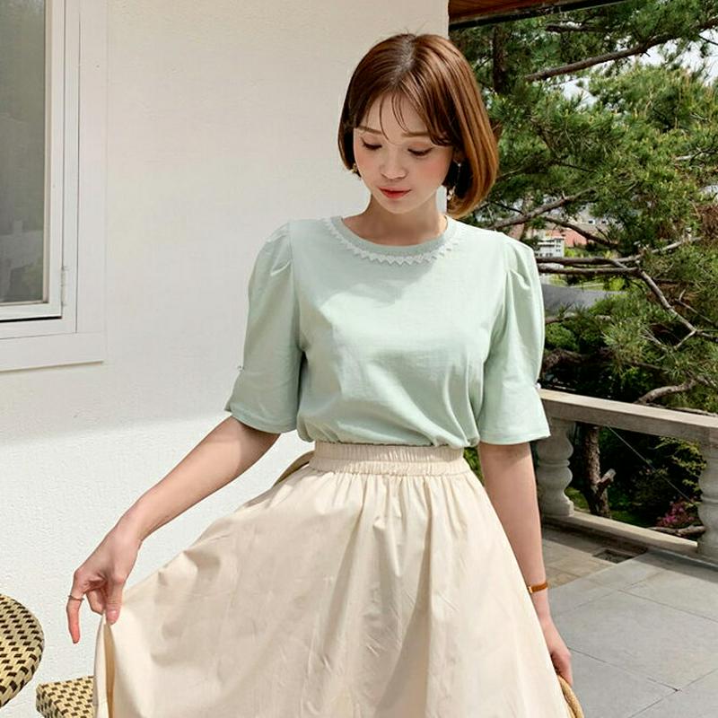 レースネックパフTシャツ・全3色・b59073 レディース【tops】【トップス Tシャツ 半袖 ハーフスリーブ パフ パフスリ