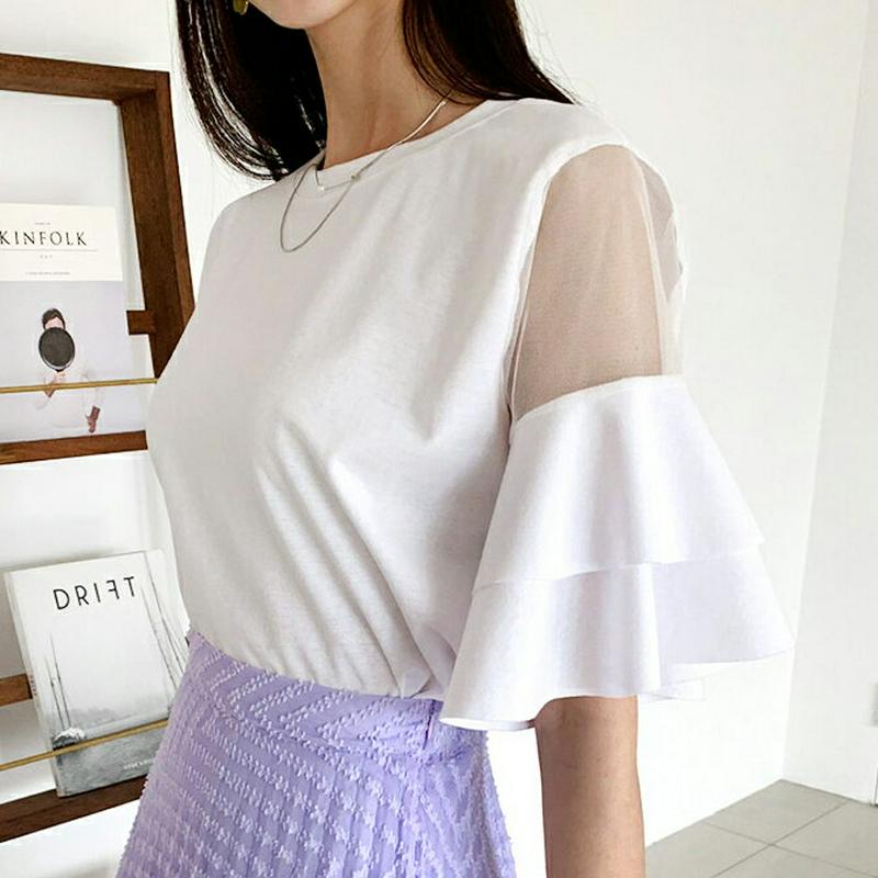 メッシュティアードスリーブTシャツ・全3色・b59074 レディース【tops】【トップス Tシャツ 半袖 ハーフスリーブ メッ