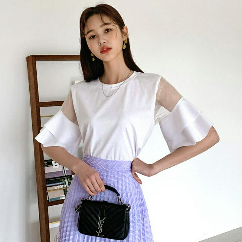 メッシュティアードスリーブTシャツ・全3色・b59074 レディース【tops】【トップス Tシャツ 半袖 ハーフスリーブ メッ