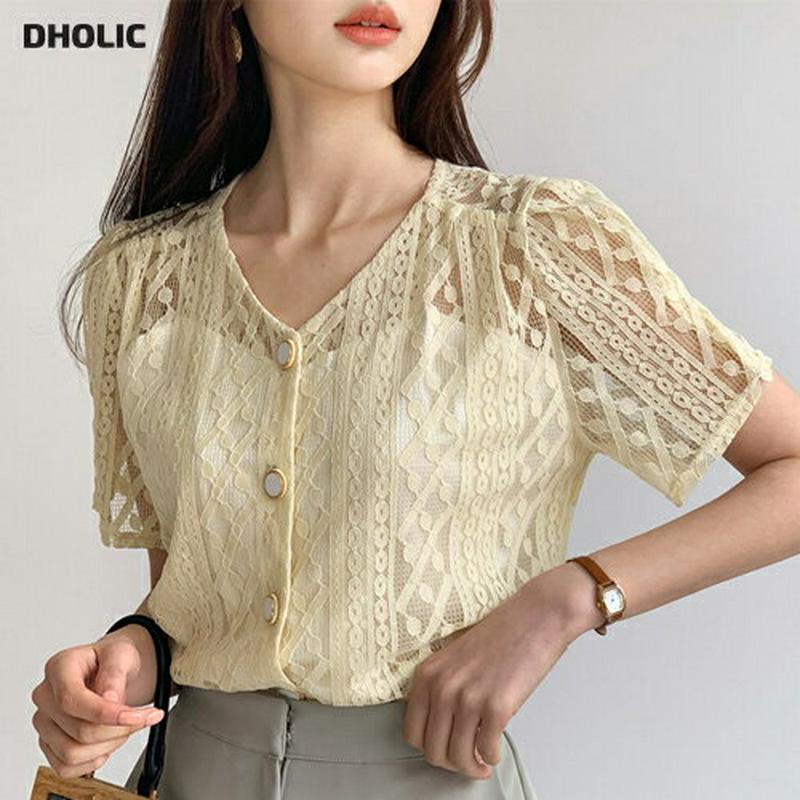 【全品10%OFF】≪人気商品再入荷≫Vネックシアーレースブラウス・全3色・b59081 レディース【bl】【韓国 ファッション トップス ブラウス レース 総レース 半袖 ハーフスリーブ Vネック 透け感 シースルー シアー フェミニン 春 夏】