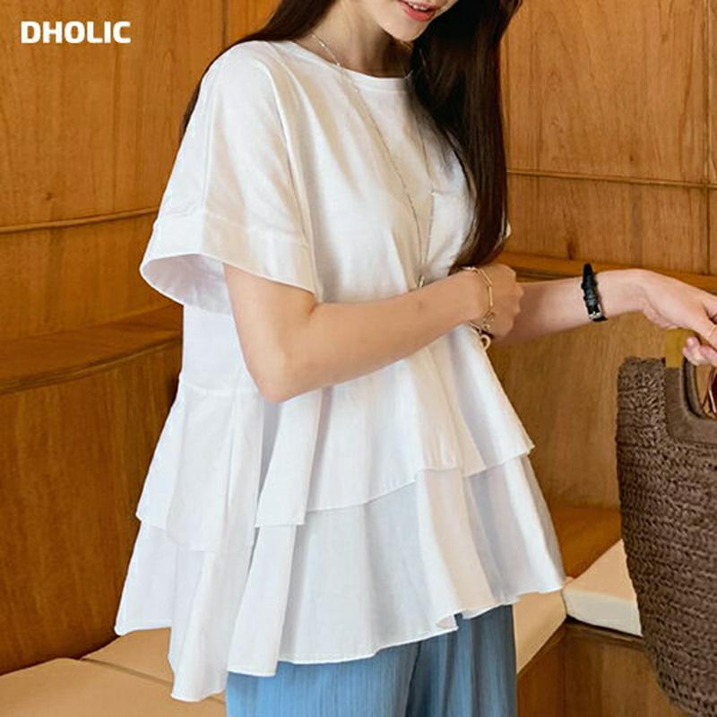 ≪人気商品再入荷≫ティアードTシャツ・全2色・b62038 レディース【tops】 韓国ファッション トップス Tシャツ 半袖 ハーフスリーブ ティアード 体型カバー フリル シンプル ガーリー かわいい 二の腕カバー お腹カバー 春 夏 ハイホリHIHOLLI
