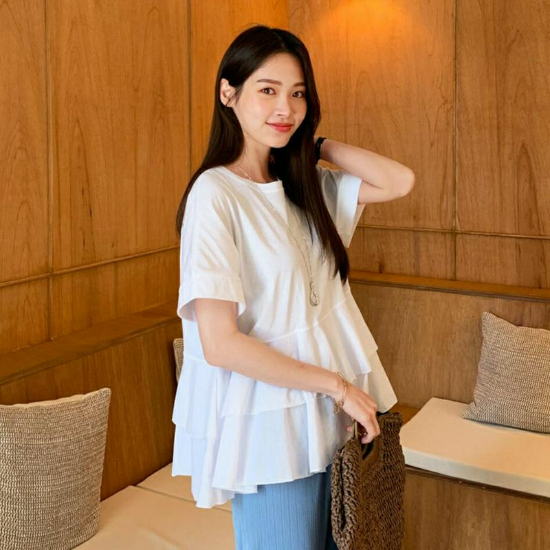 ≪人気商品再入荷≫ティアードTシャツ・全2色・b62038 レディース【tops】 韓国ファッション トップス Tシャツ 半袖 ハーフスリーブ ティアード 体型カバー フリル シンプル ガーリー かわいい 二の腕カバー お腹カバー 春 夏 ハイホリHIHOLLI