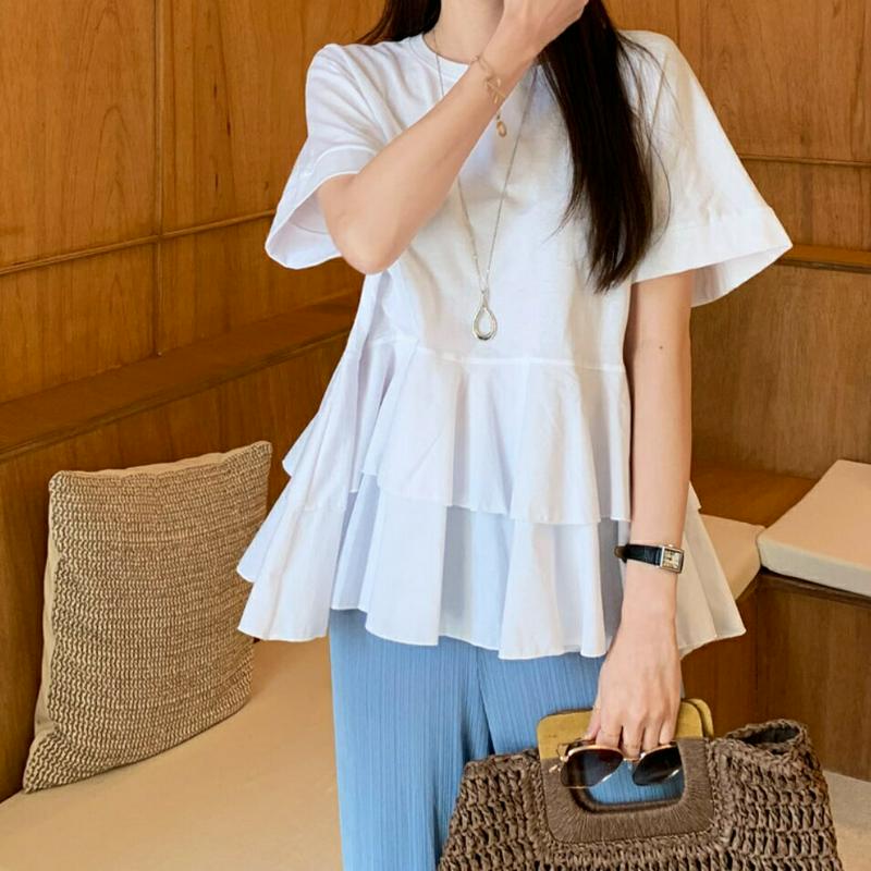 ≪人気商品再入荷≫ティアードTシャツ・全2色・b62038 レディース【tops】 韓国ファッション トップス Tシャツ 半袖 ハーフスリーブ ティアード 体型カバー フリル シンプル ガーリー かわいい 二の腕カバー お腹カバー 春 夏 ハイホリHIHOLLI