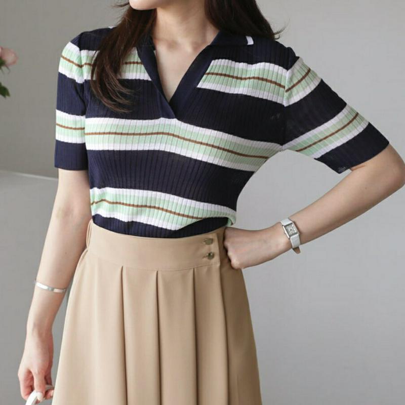 Vネック配色ボーダーリブニット・全3色・t61913 レディース【tops】【トップス ニット ニットトップス 半袖 ハーフスリ