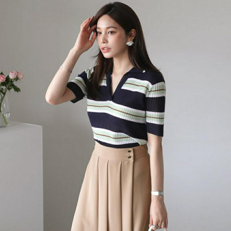 Vネック配色ボーダーリブニット・全3色・t61913 レディース【tops】【トップス ニット ニットトップス 半袖 ハーフスリ