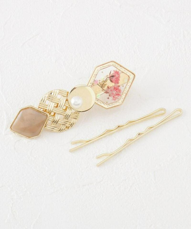 異素材MIXフラワーバレッタ＋ヘアピン2本セット