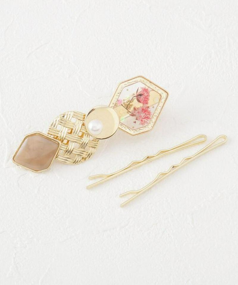 異素材MIXフラワーバレッタ＋ヘアピン2本セット
