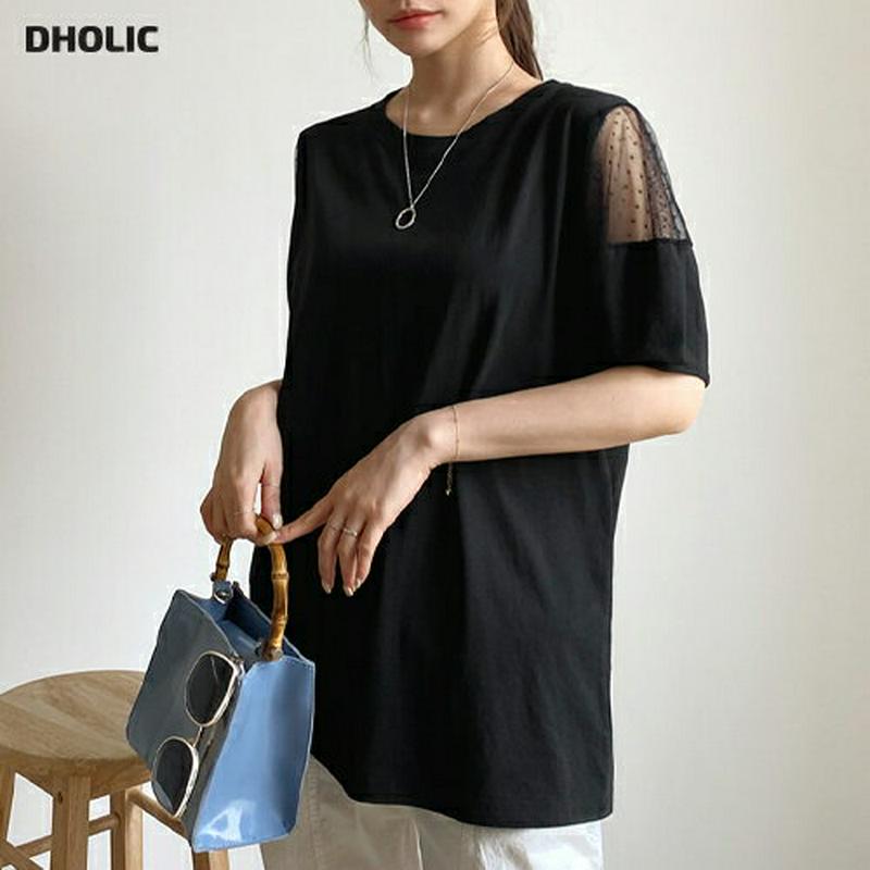 ドットメッシュスリーブTシャツ・全2色・t62062 レディース【tops】【トップス Tシャツ 半袖 ハーフスリーブ 透け感 