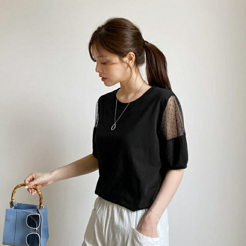 ドットメッシュスリーブTシャツ・全2色・t62062 レディース【tops】【トップス Tシャツ 半袖 ハーフスリーブ 透け感 