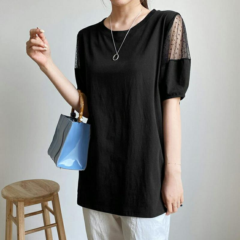 ドットメッシュスリーブTシャツ・全2色・t62062 レディース【tops】【トップス Tシャツ 半袖 ハーフスリーブ 透け感 