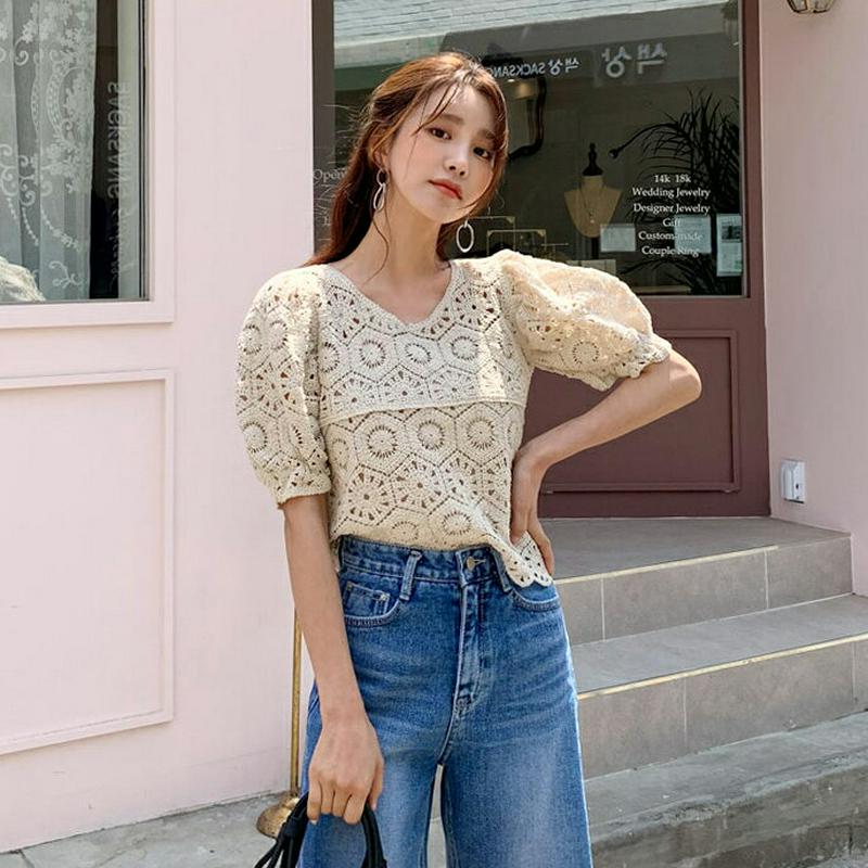 ≪人気商品再入荷≫スカラップパターンニット・全2色・b55485 レディース 【tops】【韓国 ファッション トップス ニット ニットトップス スカラップ 半袖 ショートスリーブ アイレット 透け感 春 夏】