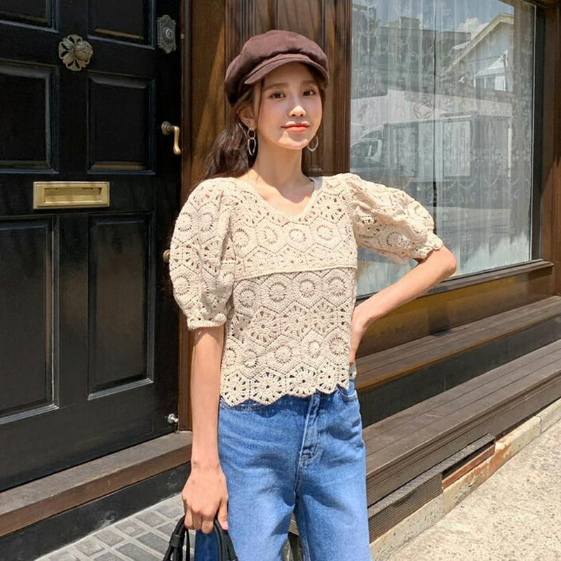 ≪人気商品再入荷≫スカラップパターンニット・全2色・b55485 レディース 【tops】【韓国 ファッション トップス ニット ニットトップス スカラップ 半袖 ショートスリーブ アイレット 透け感 春 夏】