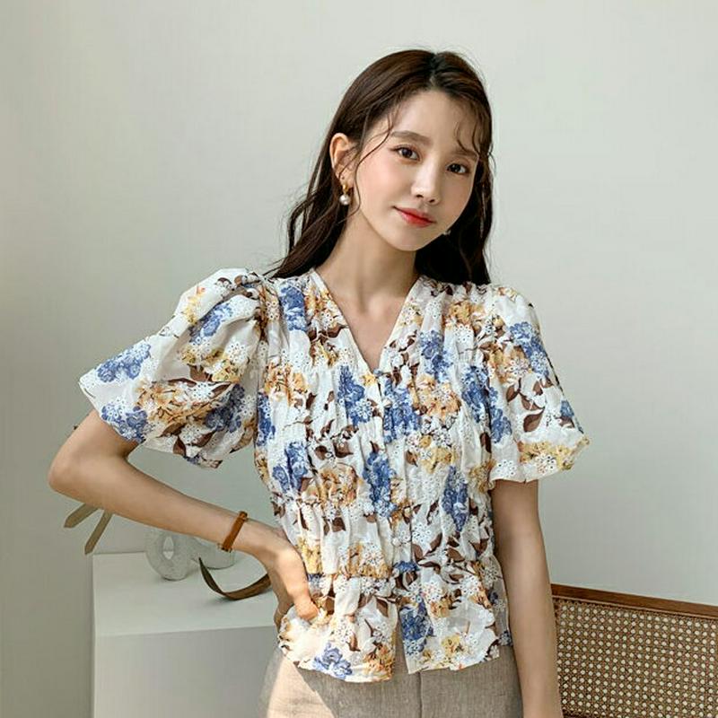 Vネックギャザー花柄ブラウス・全2色・b59212 レディース 【bl】【トップス ブラウス 花柄 花柄ブラウス 刺繍 花柄刺繍