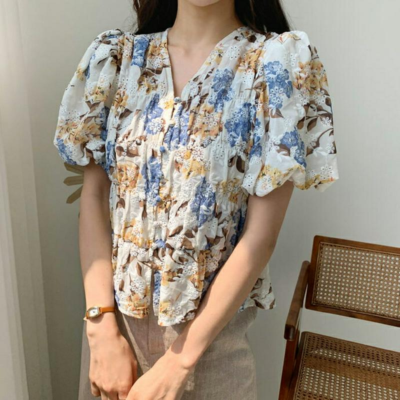 Vネックギャザー花柄ブラウス・全2色・b59212 レディース 【bl】【トップス ブラウス 花柄 花柄ブラウス 刺繍 花柄刺繍