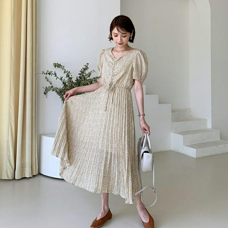 花柄ドロストプリーツワンピース・全2色・t55463 レディース 【ops】【ワンピース ロング ロングワンピース 半袖 ハーフ