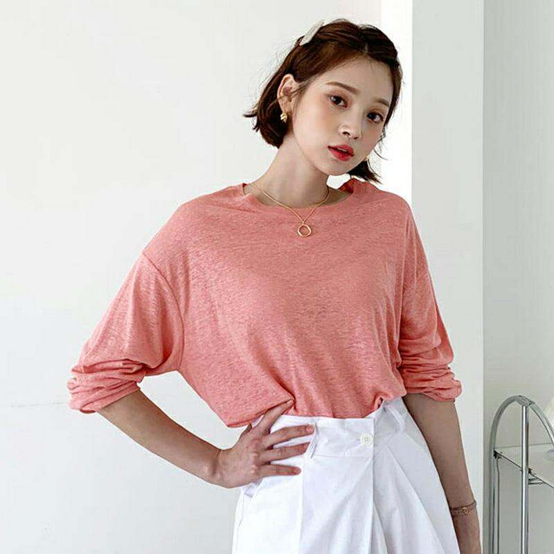 リネンルーズTシャツ・全7色・t55458 レディース 【tops】【トップス Tシャツ ロンT 長袖 リネン 単色 無地 シン