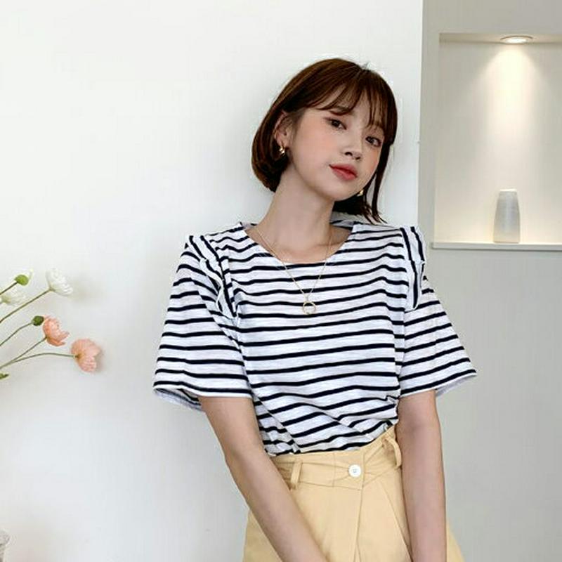 フリルボーダーTシャツ・全2色・t55451 レディース 【tops】【トップス Tシャツ ボーダー 柄 フリル カジュアル 可