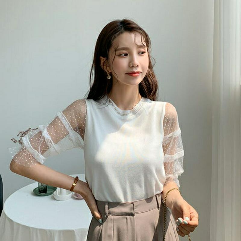 シアーレーススリーブニット・全2色・t59204 レディース 【tops】【トップス ニット ニットトップス 半袖　ハーフスリー