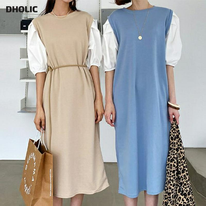 【マラソン特価】配色パフスリーブワンピース・全4色・b59136 レディース 【ops】【ワンピース ロング ロングワンピース 