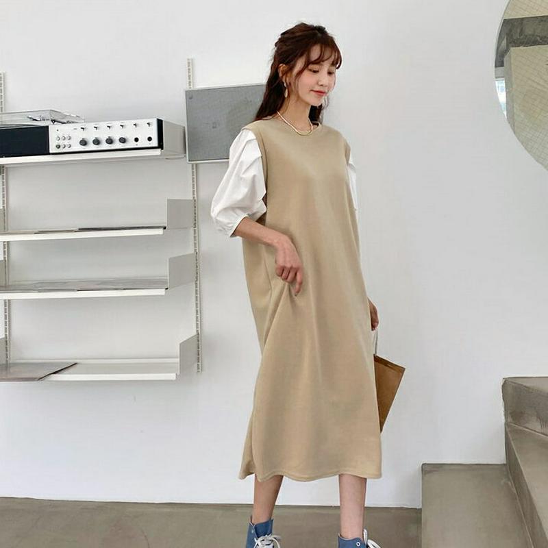 【マラソン特価】配色パフスリーブワンピース・全4色・b59136 レディース 【ops】【ワンピース ロング ロングワンピース 