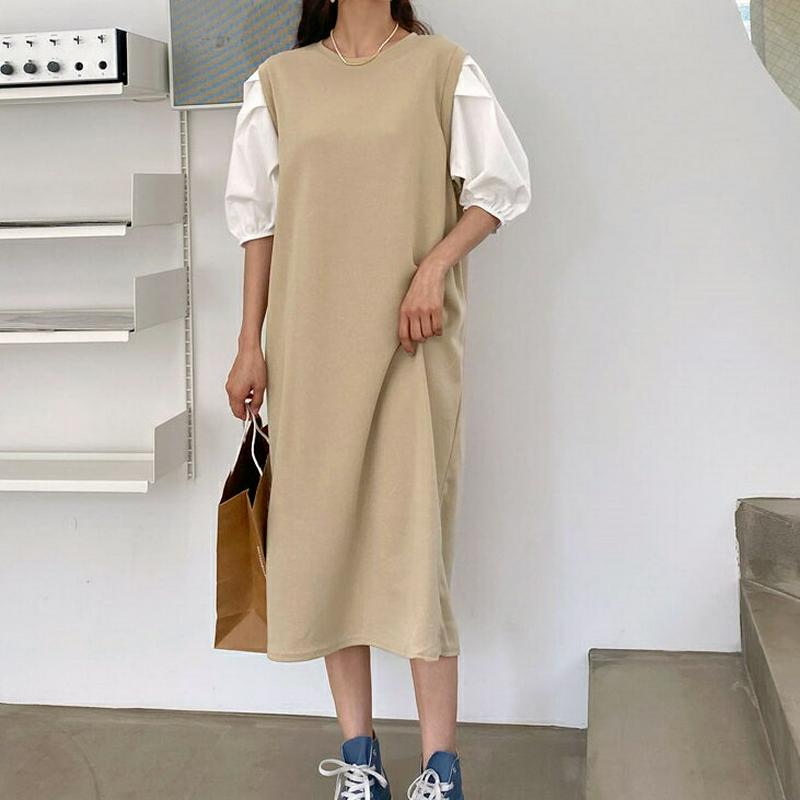 【マラソン特価】配色パフスリーブワンピース・全4色・b59136 レディース 【ops】【ワンピース ロング ロングワンピース 