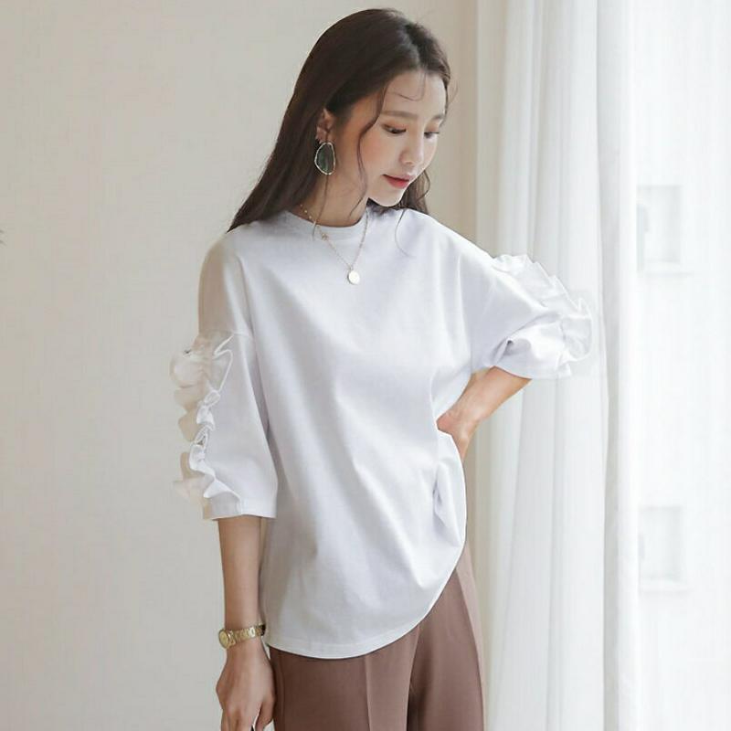 ≪人気商品再入荷≫フリルスリーブTシャツ・全4色・b55900 レディース 【tops】 韓国ファッション トップス Tシャツ 七分丈 七分袖 7分丈 7分袖 フリル フリルスリーブ 袖コンシャス ガーリー フェミニン 可愛い かわいい 春 秋