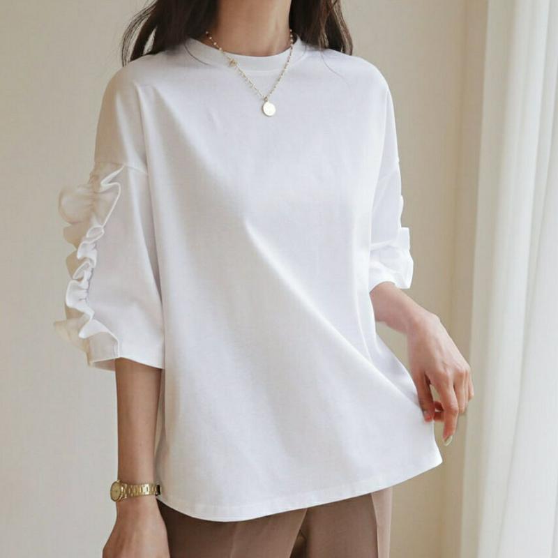 ≪人気商品再入荷≫フリルスリーブTシャツ・全4色・b55900 レディース 【tops】 韓国ファッション トップス Tシャツ 七分丈 七分袖 7分丈 7分袖 フリル フリルスリーブ 袖コンシャス ガーリー フェミニン 可愛い かわいい 春 秋