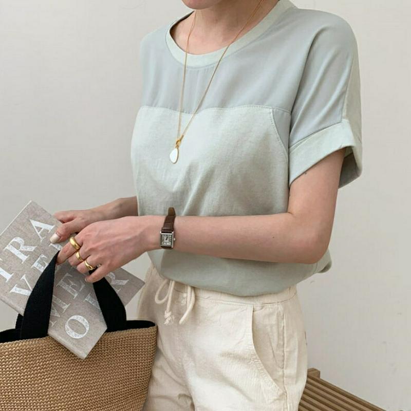 コントラストラウンドネックTシャツ・全5色・b62048 レディース【tops】【トップス Tシャツ 半袖 コントラスト カジュ