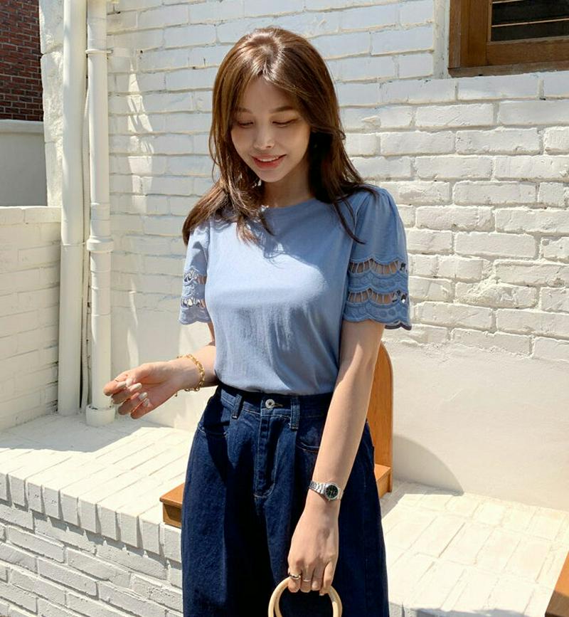 パンチングスリーブTシャツ・全3色・b62008 レディース【tops】【トップス Tシャツ 半袖 パンチング スカラップ 大人