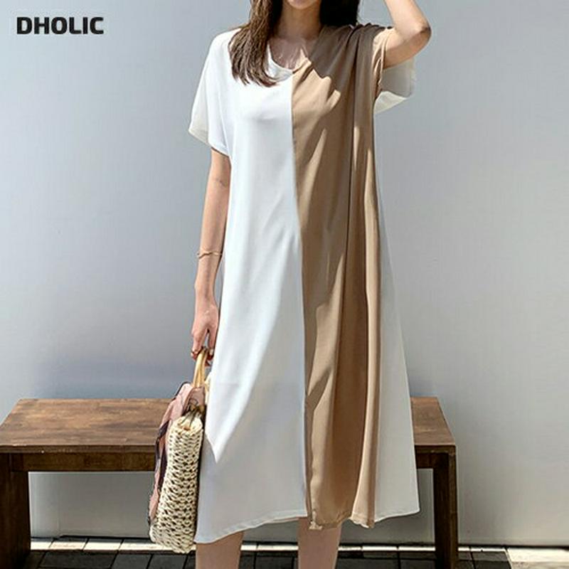 ストラップ付Vネック配色ワンピース・全2色・b62018 レディース【ops】【ワンピース ミディ丈 ミディワンピース 半袖 配