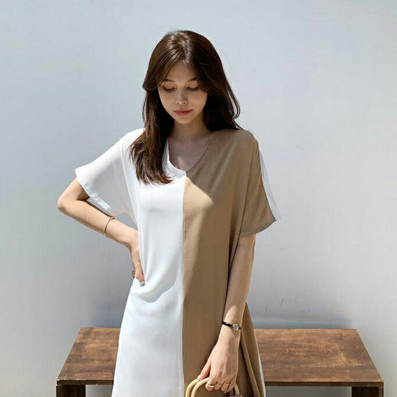 ストラップ付Vネック配色ワンピース・全2色・b62018 レディース【ops】【ワンピース ミディ丈 ミディワンピース 半袖 配