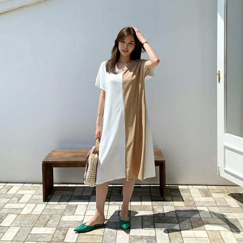 ストラップ付Vネック配色ワンピース・全2色・b62018 レディース【ops】【ワンピース ミディ丈 ミディワンピース 半袖 配