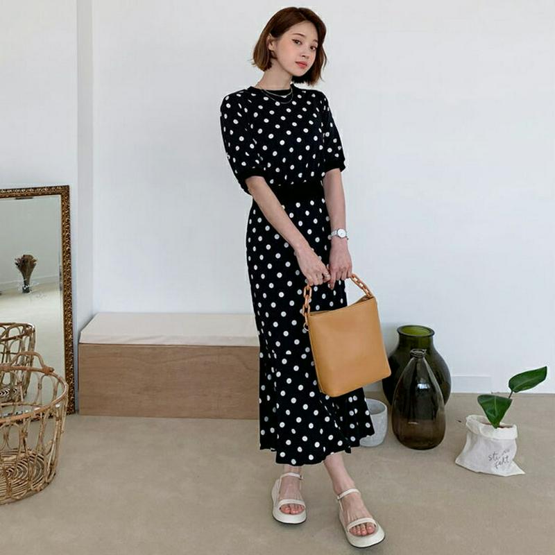 フレアヘムドットワンピース・全2色・b55501 レディース 【ops】【ワンピース ロング ロングワンピース 半袖 ハーフスリ