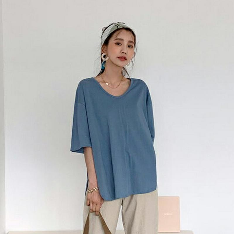 UネックスリットTシャツ・全5色・b55486 レディース 【tops】【トップス Tシャツ 半袖 ハーフスリーブ 無地T 単色