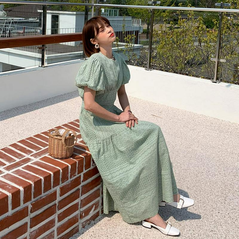 パンチングパフワンピース・全3色・b55500 レディース 【ops】【ワンピース ロング ロングワンピース パンチング レース