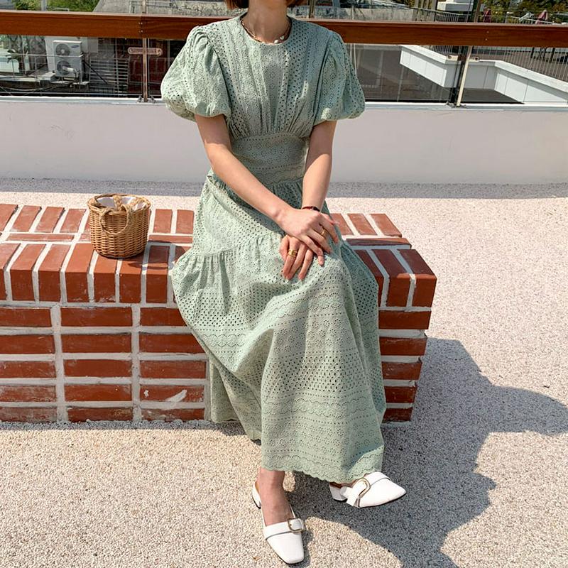 パンチングパフワンピース・全3色・b55500 レディース 【ops】【ワンピース ロング ロングワンピース パンチング レース