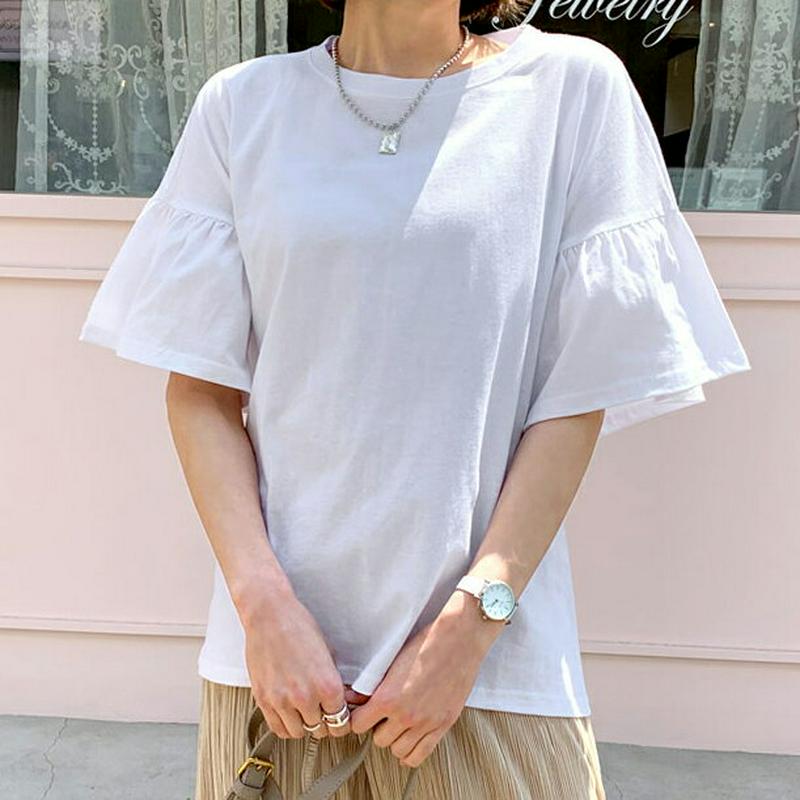 フレアスリーブTシャツ・全4色・b55494 レディース 【tops】【トップス Tシャツ 半袖 ハーフスリーブ フレア フレア