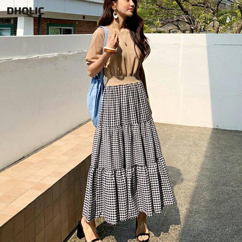 ≪人気商品再入荷≫ラグランチェックコントラストワンピース・全3色・b55499 レディース 【ops】 異素材ミックス 韓国ファッション ワンピース ロング丈 半袖 ハーフスリーブ チェック柄 ギンガムチェック ティアード コントラスト カジュアル 春 夏