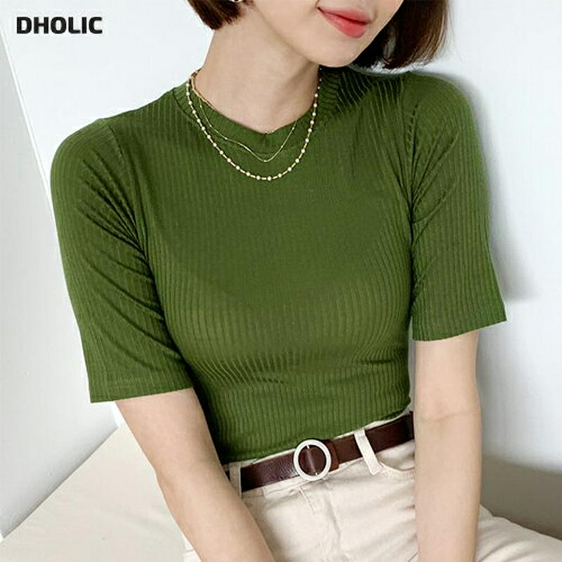 リブ5分丈スリーブTシャツ・全5色・t55490 レディース 【tops】【トップス Tシャツ カットソー ラウンドネック 半袖