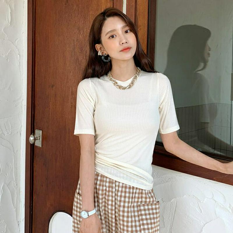 リブ5分丈スリーブTシャツ・全5色・t55490 レディース 【tops】【トップス Tシャツ カットソー ラウンドネック 半袖