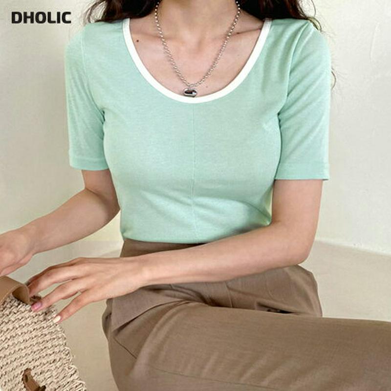 配色UネックTシャツ・全4色・t59114 レディース 【tops】【トップス Tシャツ カットソー Uネック 半袖 ハーフスリ