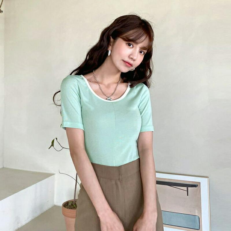 配色UネックTシャツ・全4色・t59114 レディース 【tops】【トップス Tシャツ カットソー Uネック 半袖 ハーフスリ