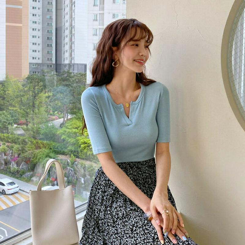 ネックスリットリブTシャツ・全5色・b59126 レディース 【tops】【トップス Tシャツ キーネック スキッパー 半袖 ハ